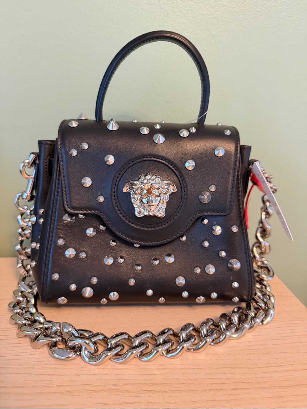 Versace Black Leather Studded Medusa Satchel with Silver Chain